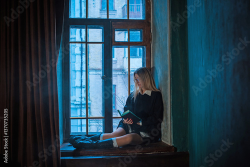 Bild auf Leinwand Girl in Dark academia atmosphere, gothic and casual fashionable outfit, college
