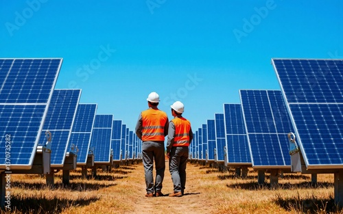 Two technicians wearing white helmets and orange safety vests looking at numerous solar panels installed on a vast, dry landscape under a blue sky - commitment to sustainable and renewable energy photo