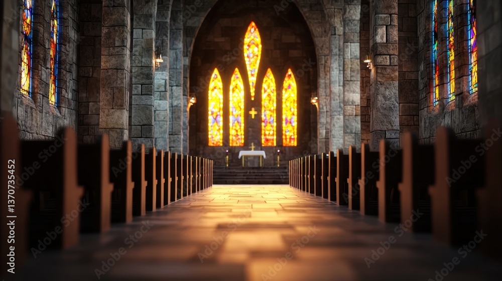 Obraz premium Ethereal church interior with softly blurred stained glass windows and warm, glowing light.