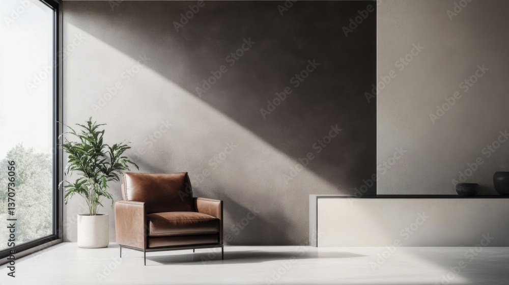 Fototapeta premium Minimalist interior featuring a brown leather chair and a sunny window in a modern space