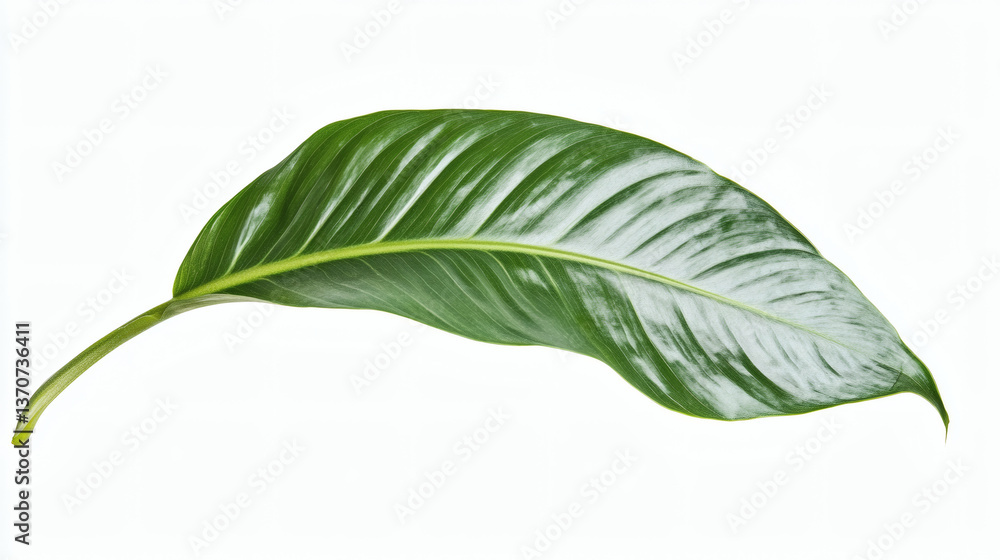 Obraz premium Single Glossy Green Leaf with Prominent Veins Isolated on White Background