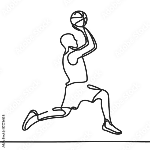 Basketball player executing a slam dunk in line drawing style  