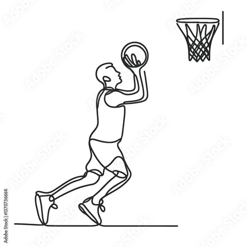 Basketball player performing a slam dunk in a line drawing style  