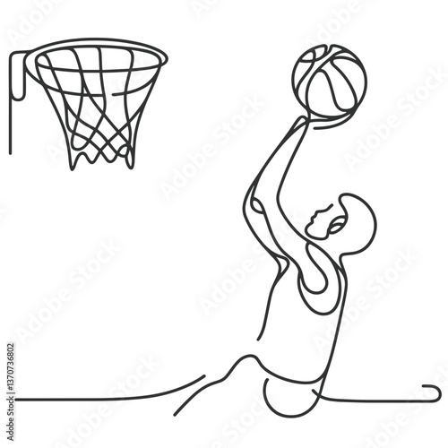 Basketball player scoring a hoop in line drawing style  