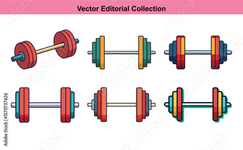 Vector illustration collection of barbells and weights, A set of six colorful vector illustrations of barbells with different weights, ideal for fitness, gym, and strength training themes.
