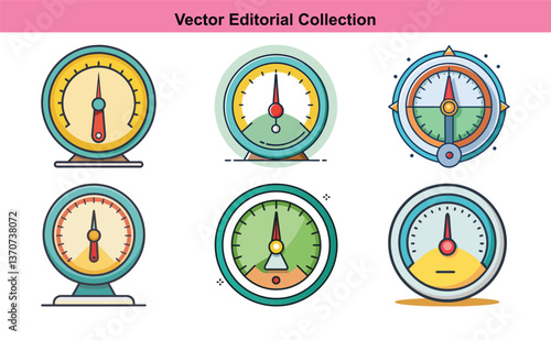 Vector illustration collection of gauges and meters, A set of six colorful vector illustrations of gauges and meters, perfect for technology, measurement, and data analysis designs.
