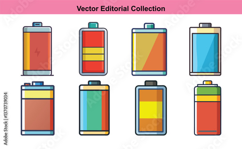 Battery icon vector illustration collection, A collection of nine colorful vector illustrations of various battery types, representing power, charge, and energy in modern designs.
