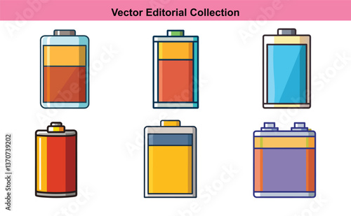 Battery vector illustration collection, A set of six colorful vector illustrations featuring various battery types, ideal for energy, power, and technology-related designs.
