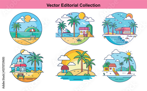 Tropical beach vector illustrations collection, Set of six colorful vector illustrations depicting tropical beach scenes with palm trees, ocean views, and sunny weather.
