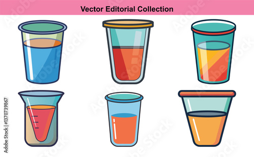 Vector Illustration of Colorful Liquid Containers, Vector art of various liquid containers such as cups, beakers, and flasks, filled with vibrant liquids in multiple colors.
