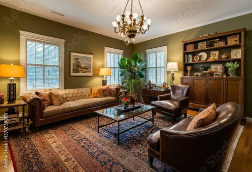 A living room filled with furniture and a large rug.