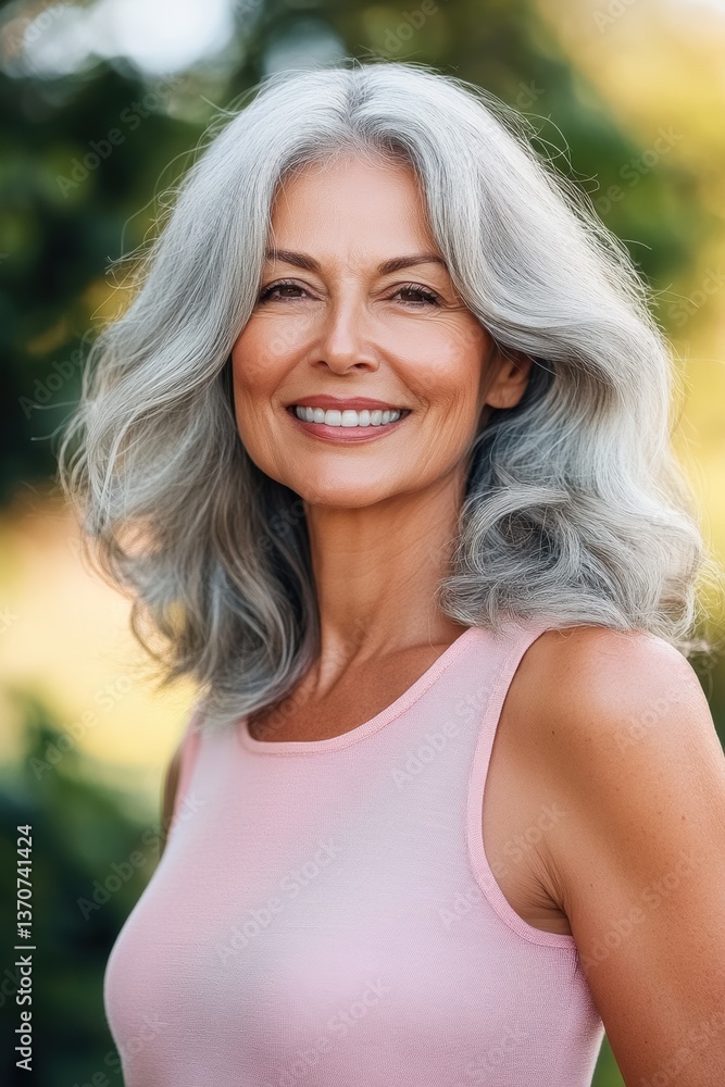 Smiling woman with gray hair in a casual pink top enjoys a sunny day outdoors surrounded by greenery Smiling woman with gray hair in a casual pink top enjoys a sunny day outdoors surrounded by greenery