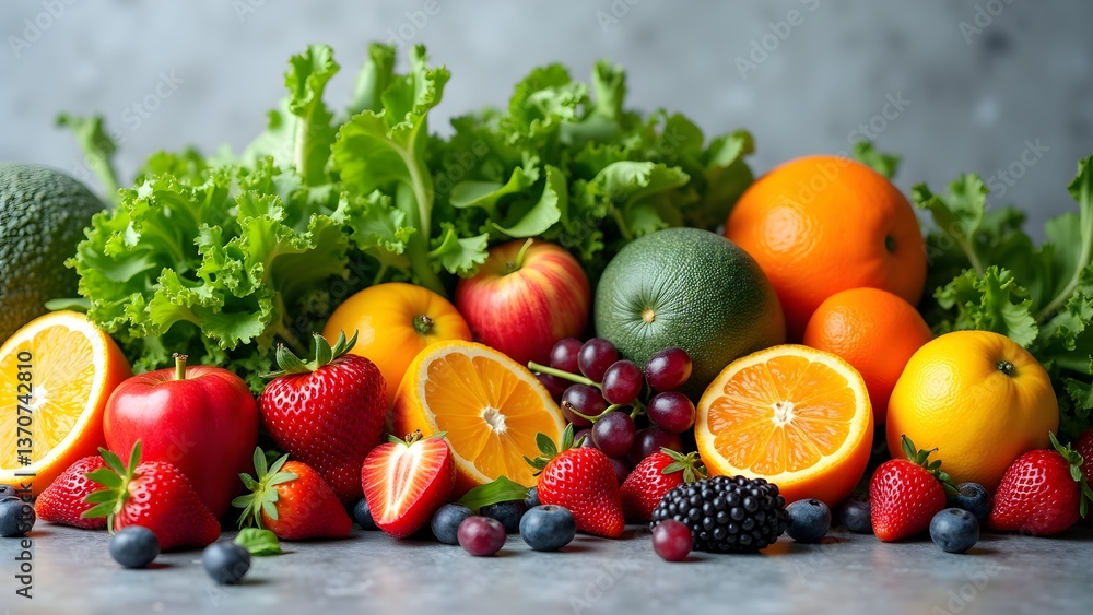 Selection of fresh fruit: oranges, apples, berries, melon, grapes and lettuce. Selection of fresh fruit: oranges, apples, berries, melon, grapes and lettuce.