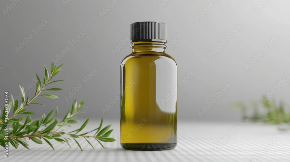 Bottle of olive oil on a textured surface with fresh olive leaves nearby, captured in a minimalist style Bottle of olive oil on a textured surface with fresh olive leaves nearby, captured in a minimalist style