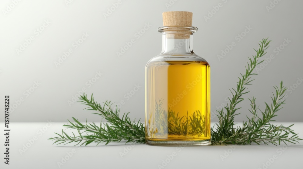 Olive oil in a glass bottle with fresh herbs arranged on a white surface Olive oil in a glass bottle with fresh herbs arranged on a white surface