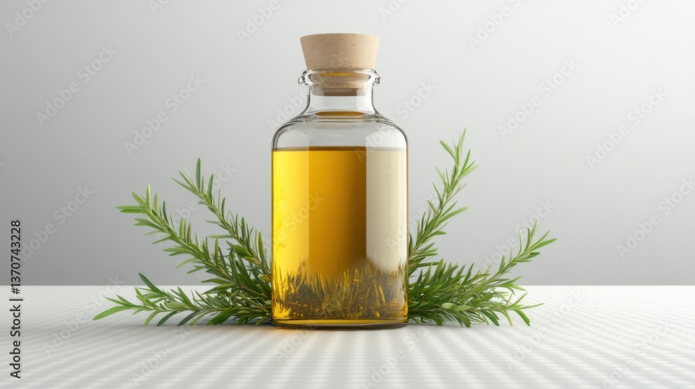Glass bottle of golden oil surrounded by fresh green herbs on a light textured surface Glass bottle of golden oil surrounded by fresh green herbs on a light textured surface