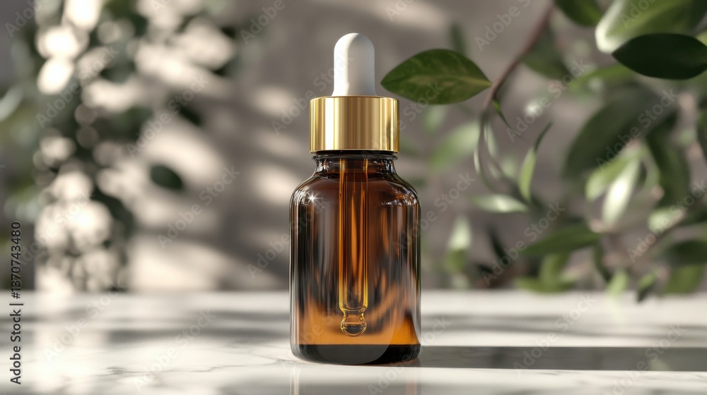 Essential oil dropper bottle placed on a marble surface surrounded by greenery in a softly lit room Essential oil dropper bottle placed on a marble surface surrounded by greenery in a softly lit room