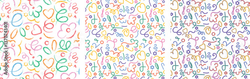 Fun Retro style colorful Gradient doodle seamless pattern. Creative wavy lines minimalist style art background for children or trendy design with basic shapes. Colorful Fluid Wave Squiggly Pattern.