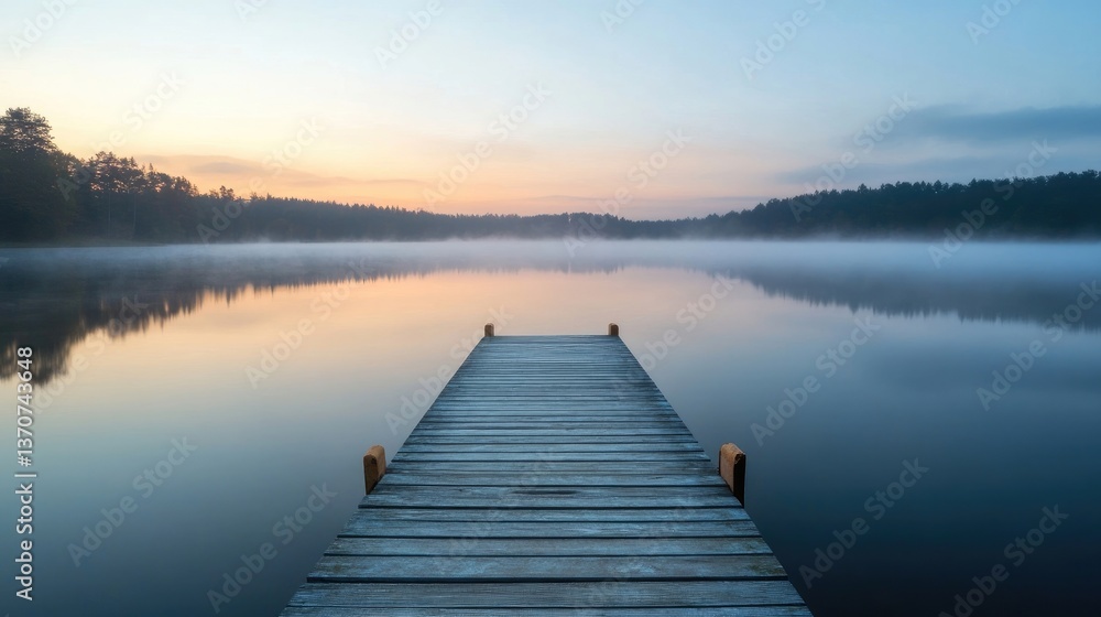 Straight flat rectangular lake dock at sunrise with foggy calm water Straight flat rectangular lake dock at sunrise with foggy calm water