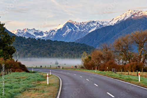 New Zealand. The countryside driving on the State Highway 6 at sunrise. West Coast. South Island