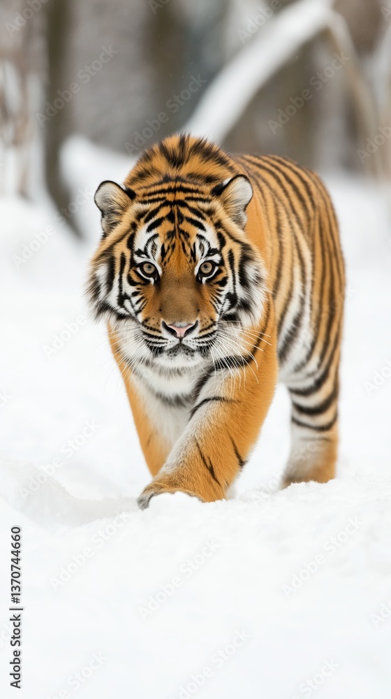 Fototapeta premium Majestic Young Tiger Walking Gracefully Through a Snowy Landscape in a Serene Natural Environment