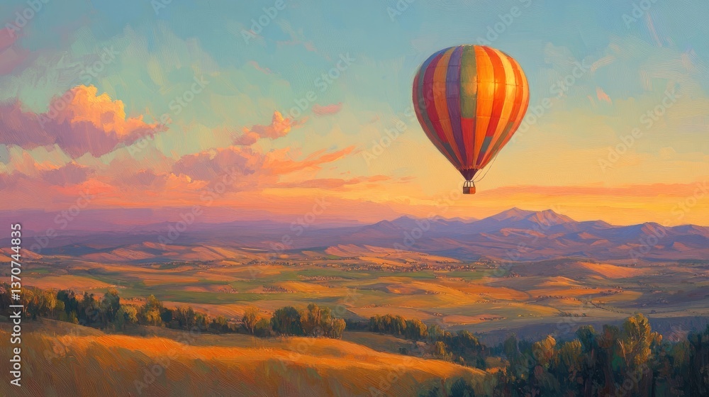 Fototapeta premium Sunset Hot Air Balloon Ride Over Rolling Hills