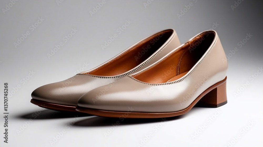 Fototapeta premium Elegant taupe leather pumps with block heels for sophisticated style