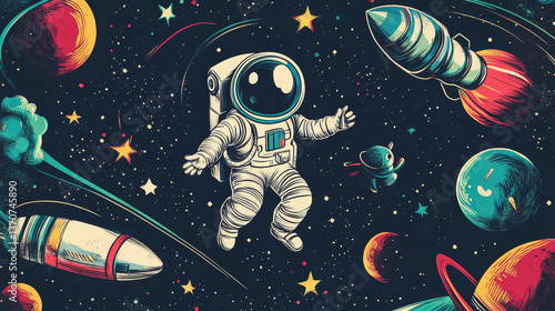 Fototapeta Naklejka Na Ścianę i Meble -  Space posters, galaxy exploring flyers. Vector set of futuristic banners with cartoon illustration of alien planets, rocket, ufo spaceship and astronaut on background of outer space with stars