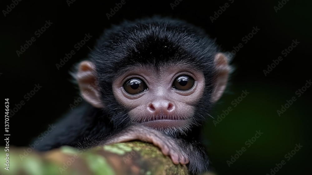 Fototapeta premium Close-up of a tiny monkey with large, expressive eyes. The infant primate rests on a branch, its gaze directed straight ahead, revealing a captivating and innocent expression