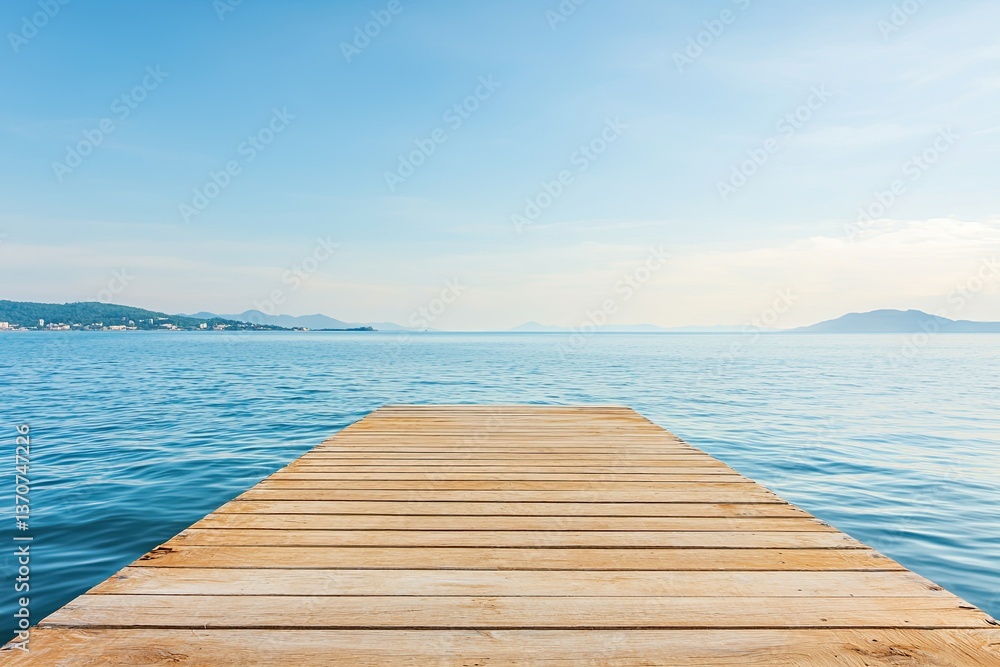 Obraz premium Peaceful wooden dock overlooking calm water at sunset serene nature scene outdoor landscape photography