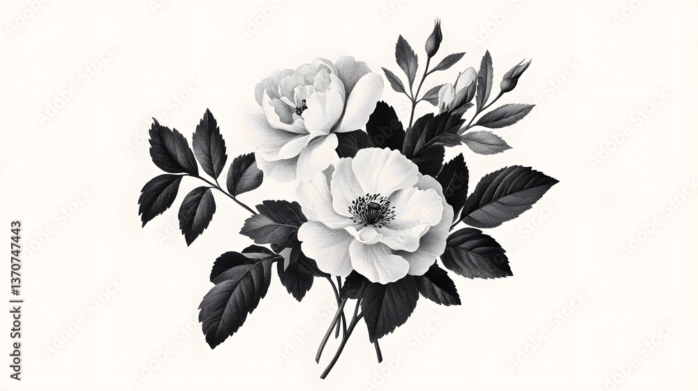 custom made wallpaper toronto digitalDelicate Botanical Flower Cluster with Vintage Aesthetic Black and White