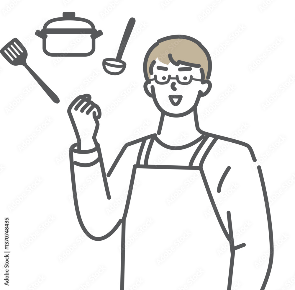 料理をする事にガッツポーズをした主夫のイラスト素材 料理をする事にガッツポーズをした主夫のイラスト素材