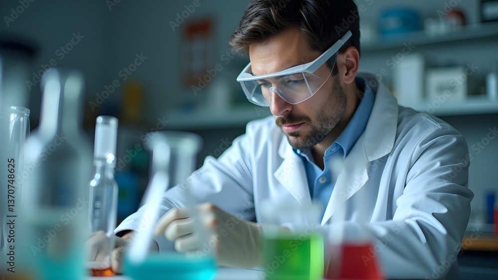 Scientist Analyzing Samples in Lab with Protective Eyewear, Conducts Scientific Research and Experiment Scientist Analyzing Samples in Lab with Protective Eyewear, Conducts Scientific Research and Experiment