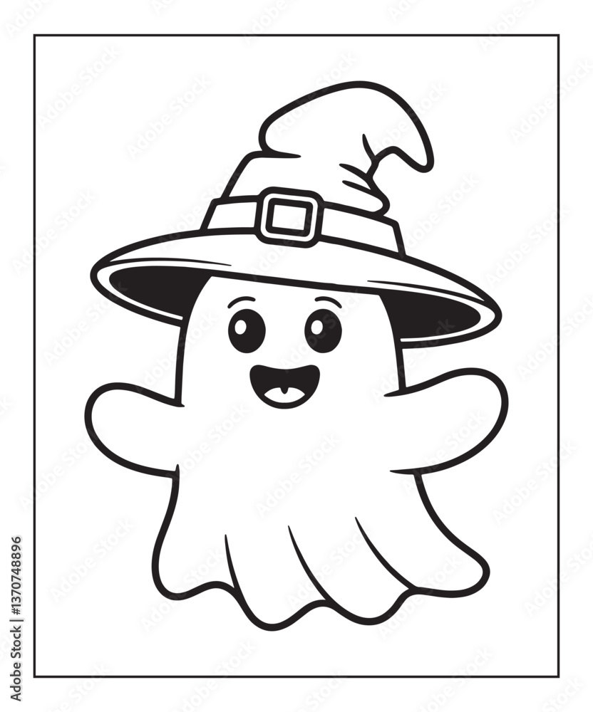 Halloween cute ghost wearing witch hat coloring page for kids, black line art vector illustration on white background Halloween cute ghost wearing witch hat coloring page for kids, black line art vector illustration on white background