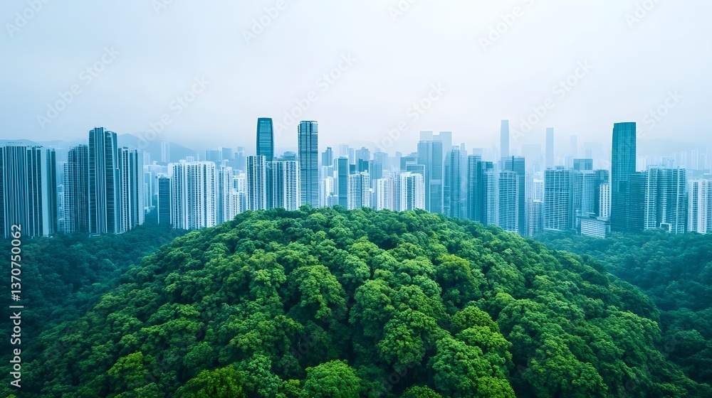 Obraz premium Futuristic Urban Skyline Merging with Lush Green Forest Landscape
