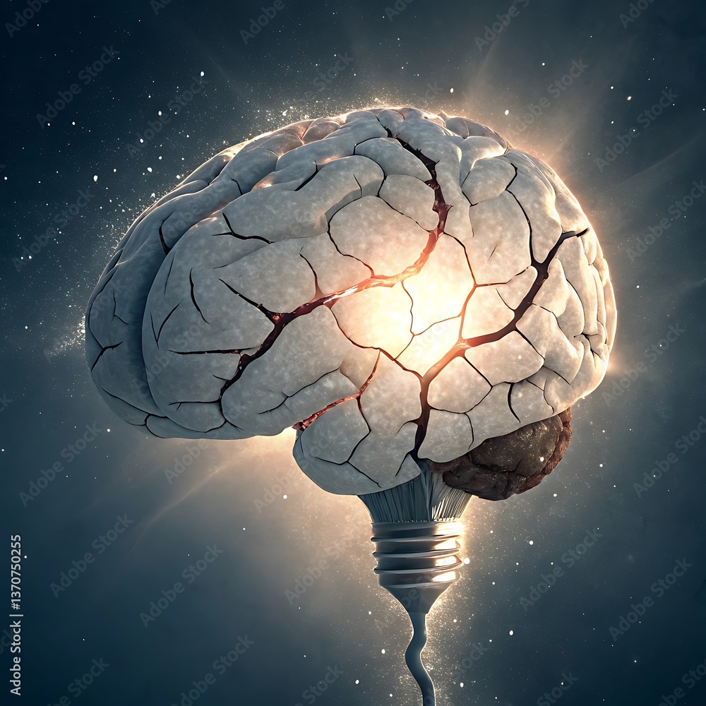 Creative Thinking Concept: Glowing Brain Connected to Light Bulb Representing Ideas and Inspiration in Dark Ambiance. Creative Thinking Concept: Glowing Brain Connected to Light Bulb Representing Ideas and Inspiration in Dark Ambiance.