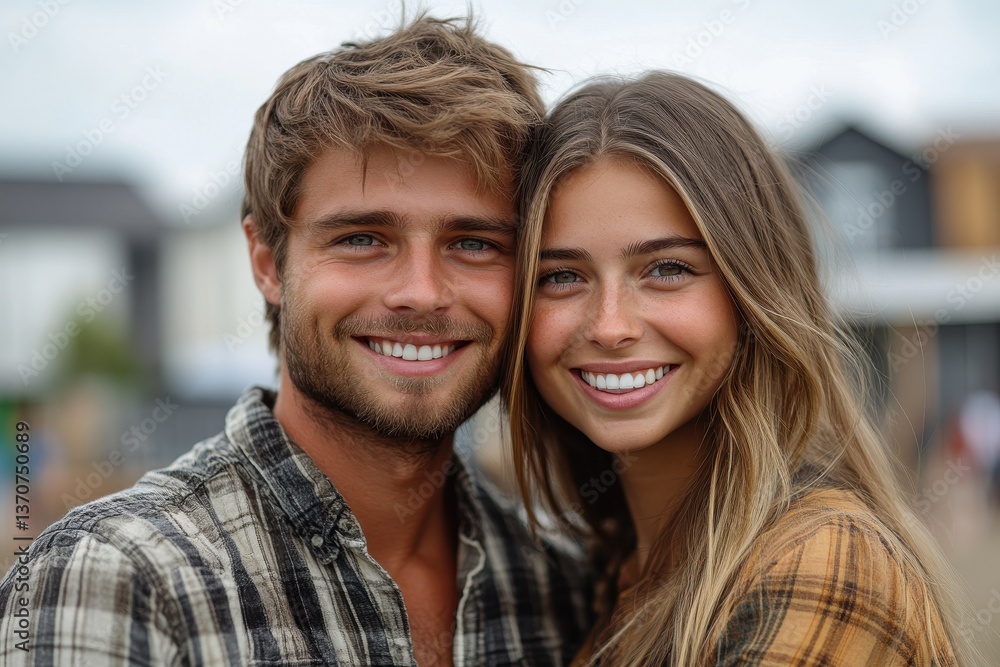 Couple smiling brightly together outdoors during a cloudy day at a seaside location Couple smiling brightly together outdoors during a cloudy day at a seaside location