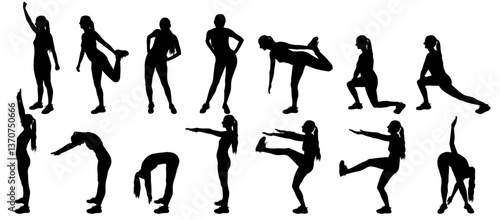 Silhouettes of a woman practicing different workout positions and stretching exercises, set. Vector illustration.