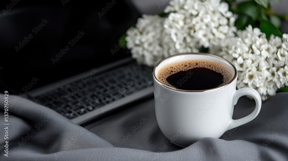 Obraz premium A cup of coffee, laptop, and flowers