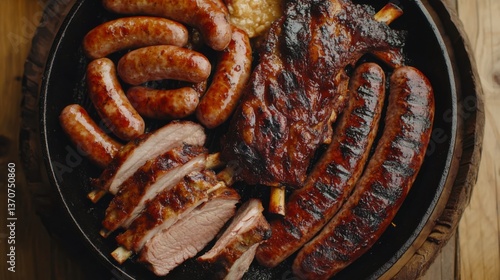 Delicious assortment of barbecued meats served on a wooden platter in a rustic setting