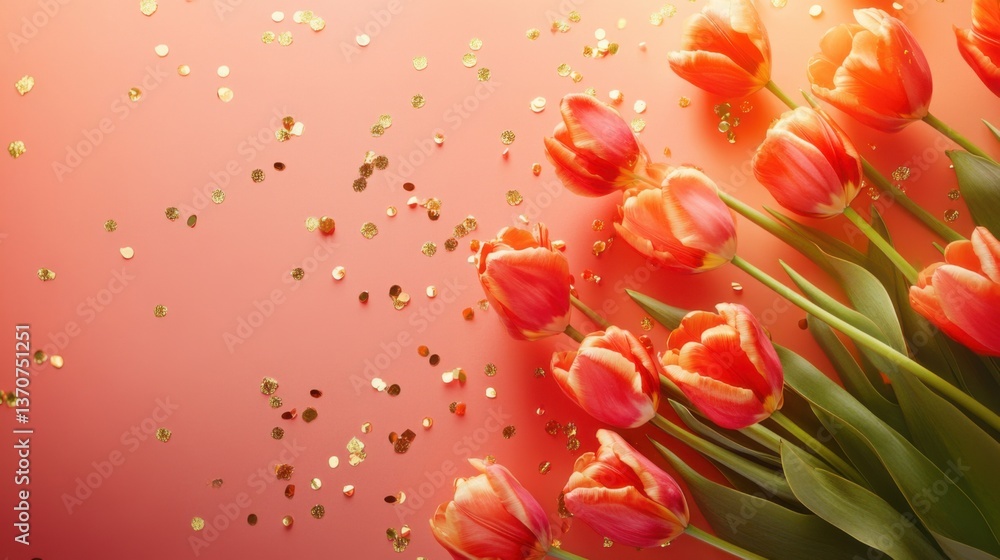Fototapeta premium Bright pink tulips surrounded by golden confetti on a coral background create an enchanting spring vibe