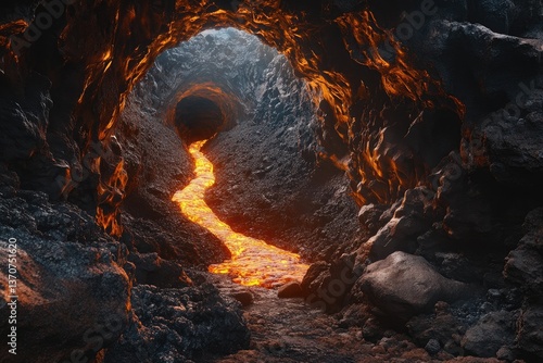 A lava tunnel in Hawaii, with lava flowing through the walls of the cave.