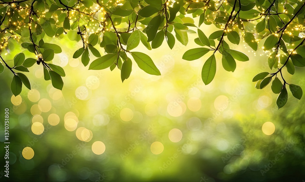 Obraz premium Glittery green leaves with a radiant shimmer effect, enhanced by a gentle bokeh background, perfect for enchanting nature and fantasy-inspired designs