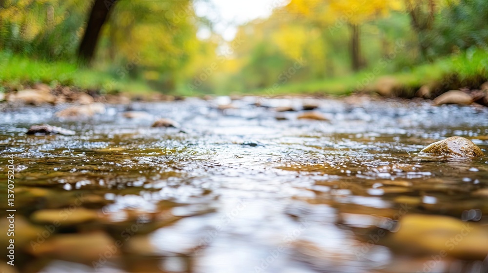 Fototapeta premium Flowing stream with colorful autumn foliage nature landscape tranquil environment low angle view serenity concept