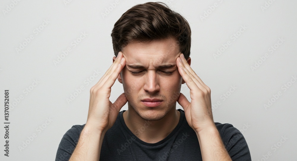 Young Man Suffering from Severe Headache, Pressing Fingers to Temples with Eyes Closed on Gray Background Young Man Suffering from Severe Headache, Pressing Fingers to Temples with Eyes Closed on Gray Background