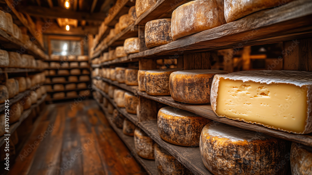 Wheels of aging cheese resting on wooden shelves in cellar Wheels of aging cheese resting on wooden shelves in cellar