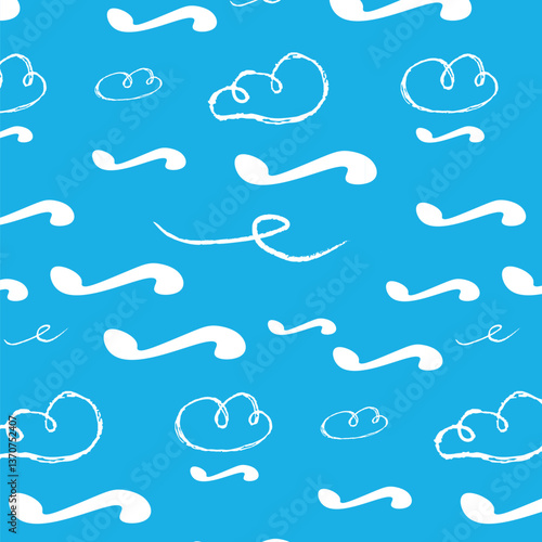 Weiße Wolken und Dekoelemente auf blauem Hintergrund. Nahtloses Muster aus handgezeichneten Vektorelementen.