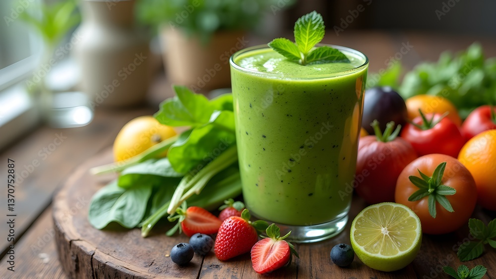 Refreshing Green Smoothie with Fresh Fruits and Vegetables on Wooden Tabletop (100 characters) Refreshing Green Smoothie with Fresh Fruits and Vegetables on Wooden Tabletop (100 characters)