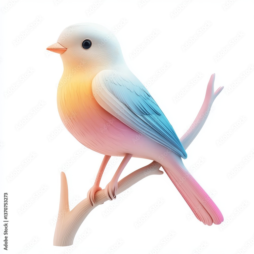Obraz premium Colorful Bird Perched on a Branch with Gentle Pastel Gradient in a Whimsical Nature Setting