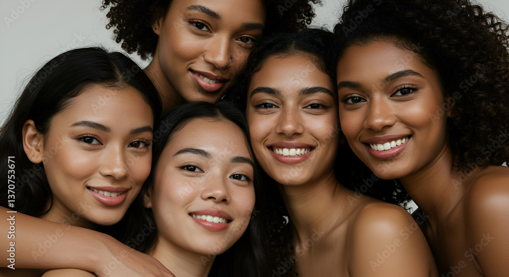 Fototapeta premium Group Portrait of Five Multiethnic Women With Radiant Skin and Natural Makeup on White Background